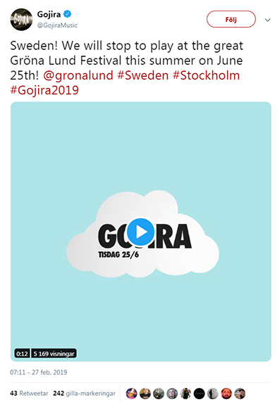 Gojira twitter gröna lund